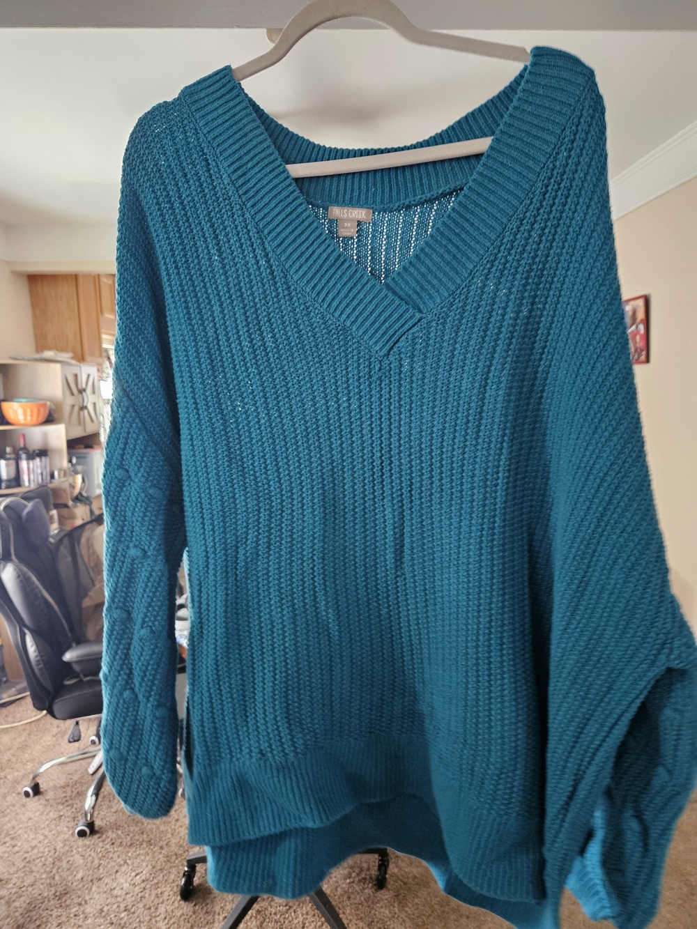 Falls Creek Teal V-Neck Cable Sleeve Sweater